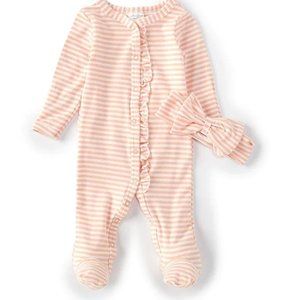 3M Baby Onesie Sleeper - Pink/White Strips with ruffles and hair-bow